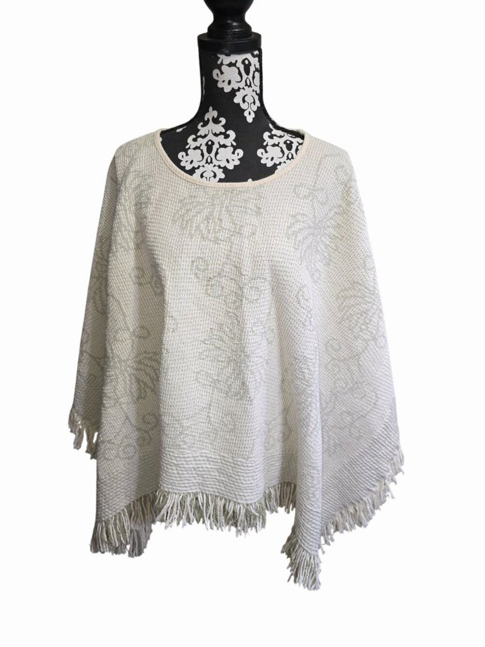 Cream Green Woven Poncho With Fringe Hem & Floral Textured Design Thick